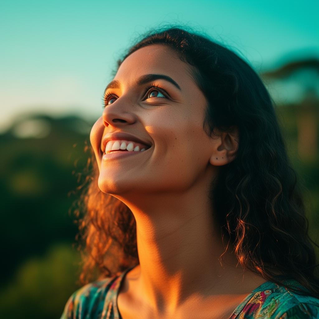 Mulher sorrindo livre, sem óculos, ao ar livre